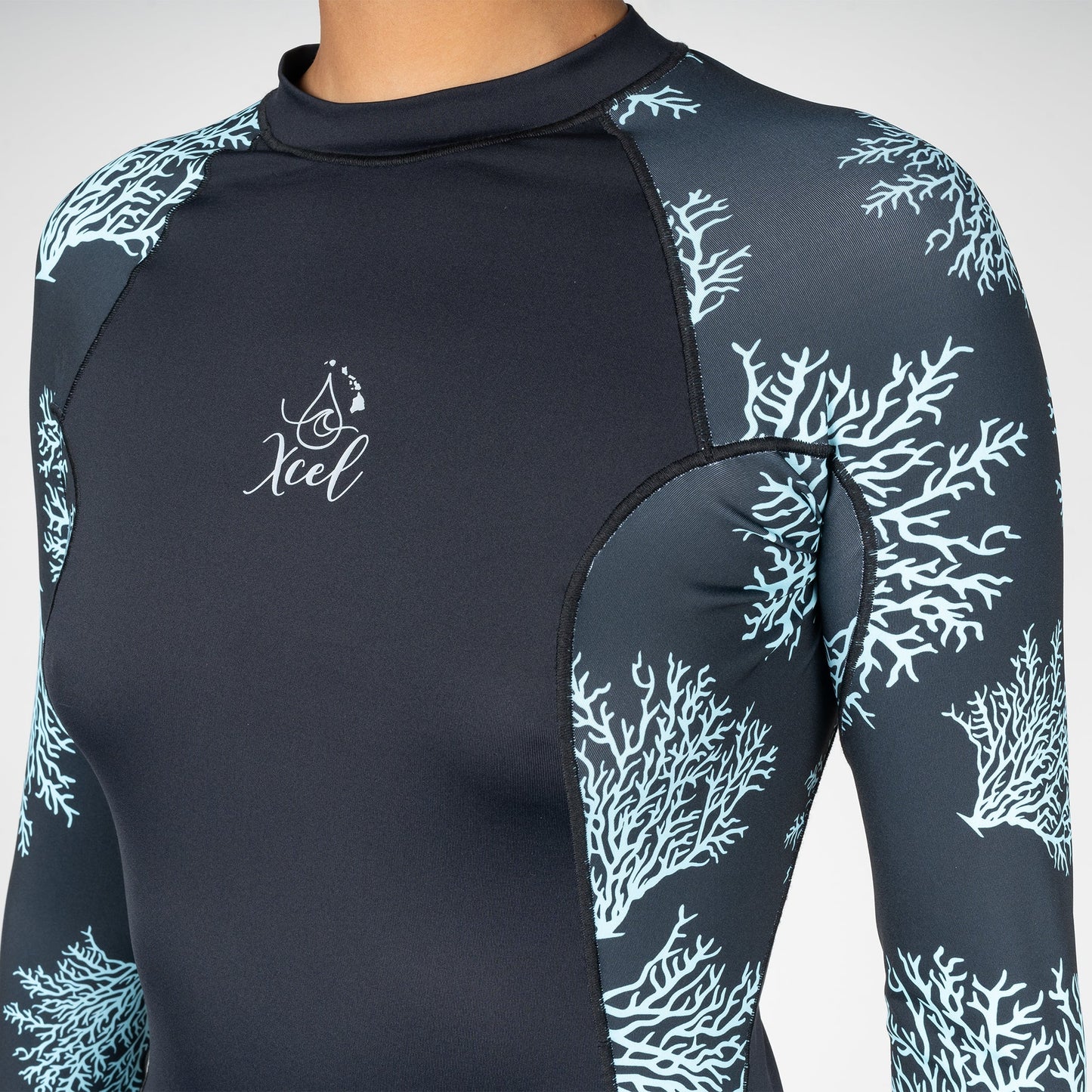 Women's Ocean Ramsey Water Inspired Premium Stretch Long Sleeve UV Top W/Key Pocket - Black/Glacier Blue