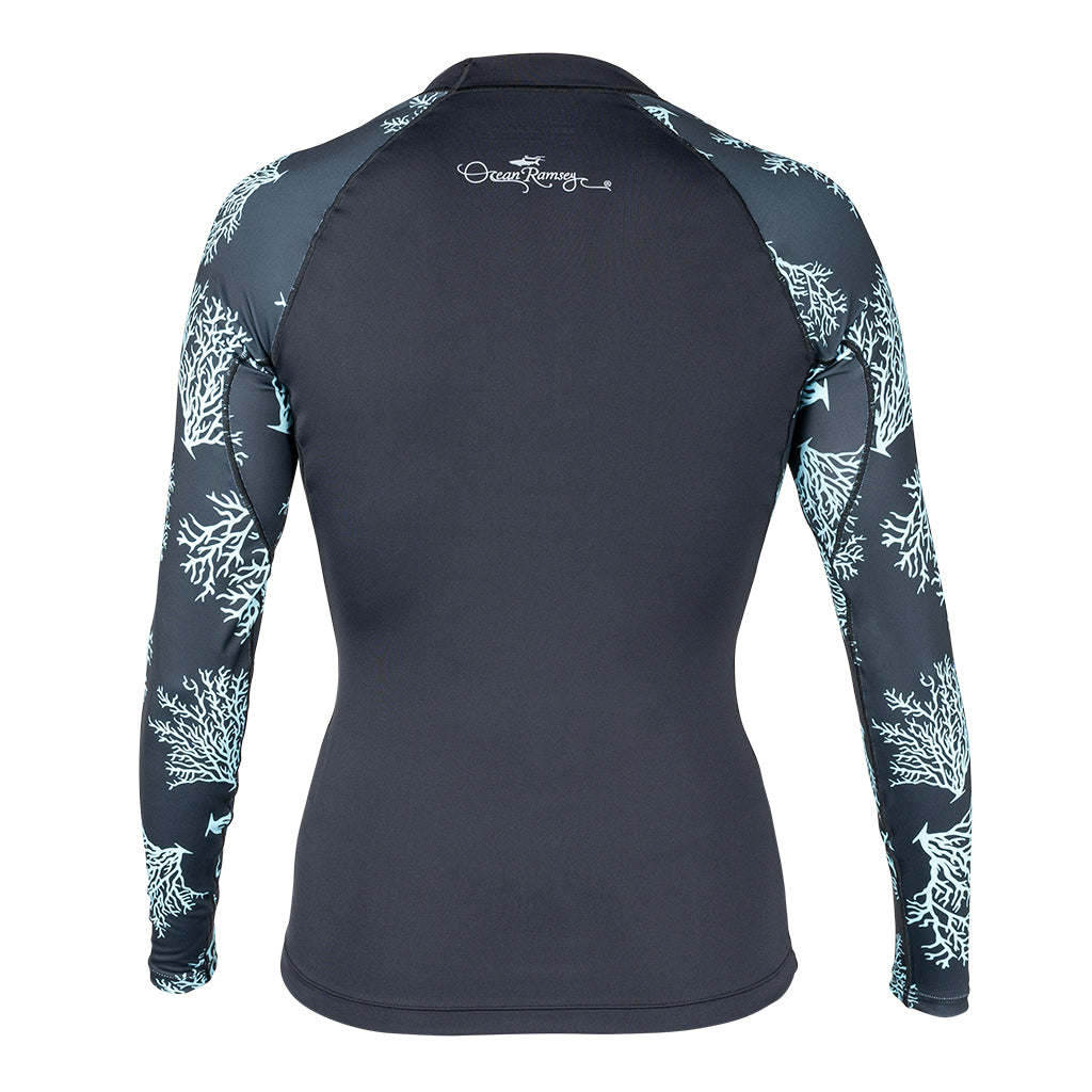 Women's Ocean Ramsey Water Inspired Premium Stretch Long Sleeve UV Top W/Key Pocket - Black/Glacier Blue